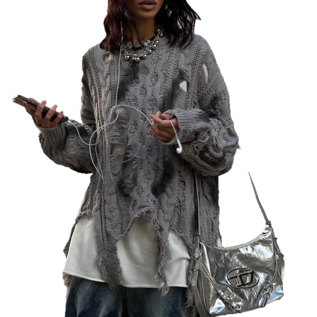 Kvinders chunky strikket oversized sweater med frynser Stilla