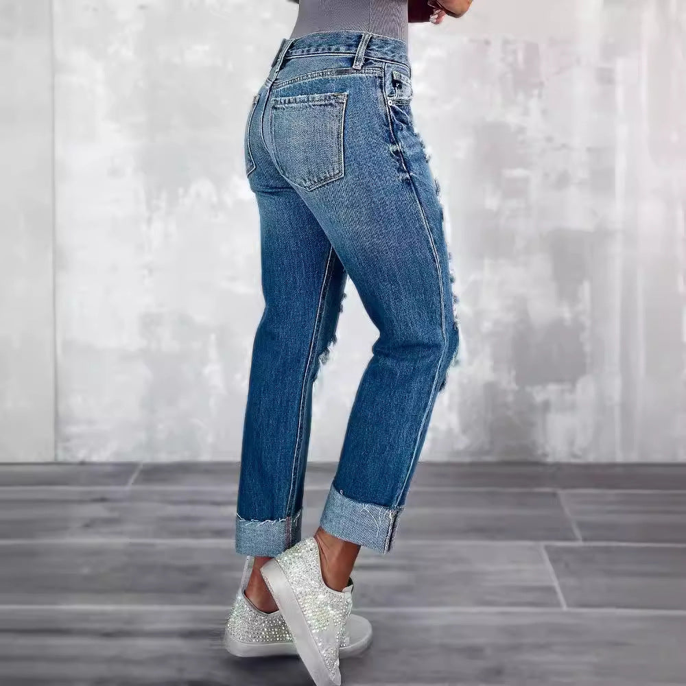 Dame Ripped Boyfriend Jeans i den trendy vintage-look med vidde ben Stilla