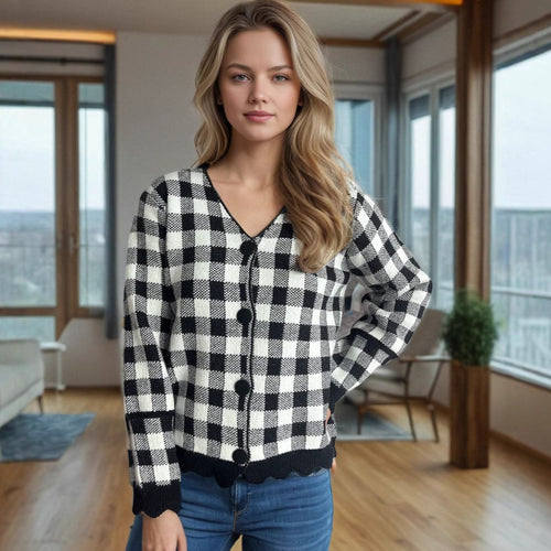 Kvinders cardigan med kontrastmønster og knapdetaljer Stilla
