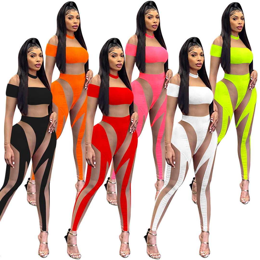 Dame Off-Shoulder Crop-Top og Leggings Sæt med transparente indsatser Stilla