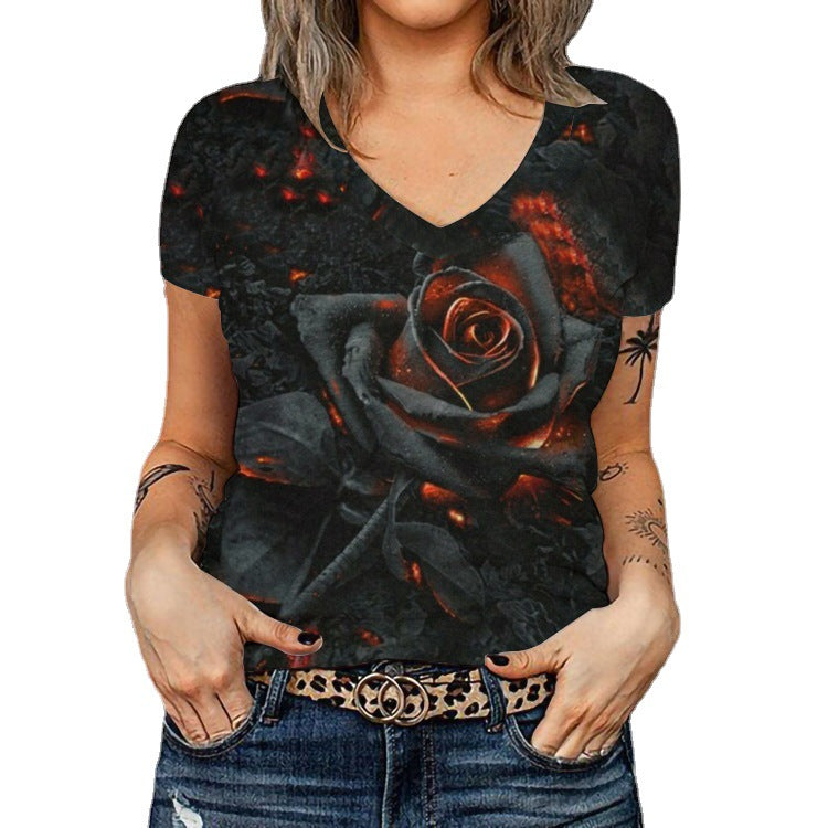 Dame V-hals T-shirt med floralt overblendedesign Skovae