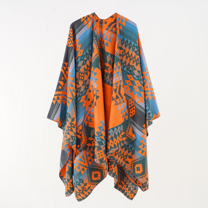 Dame Geometrisk Overhangsponcho med Varmt Materiale og Trendy Mønstring Skovae