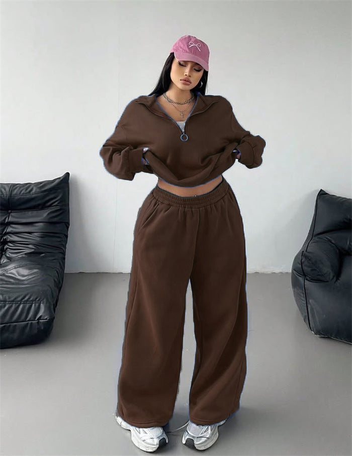 Damerne komfortable fleece loungewear sæt med løs pasform og halvlængde lynlås Skovae