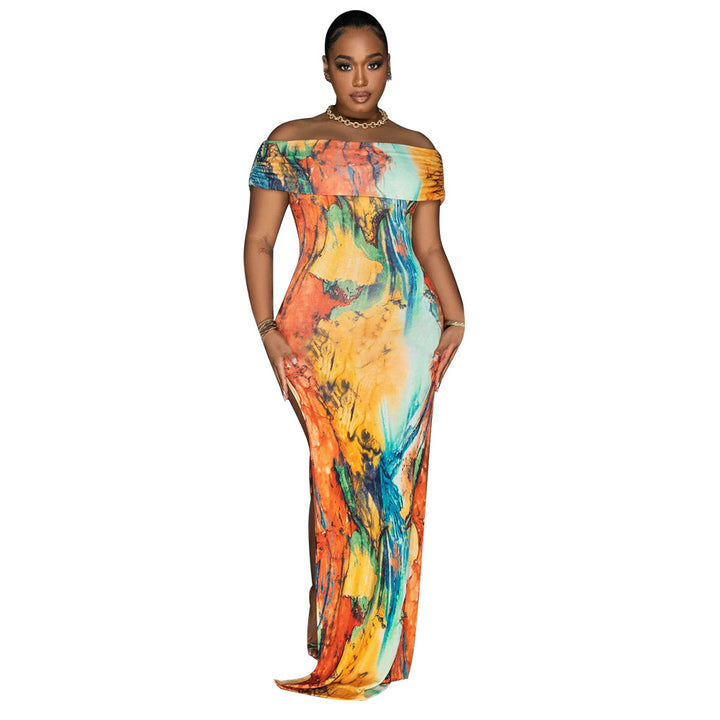 Dame Off-Shoulder Maxi-Kjole med Kunstmotiv Stilla
