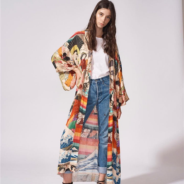 Dame Kimono-stil Strandoverdel med kunstnerisk mønster og løs pasform Stilla