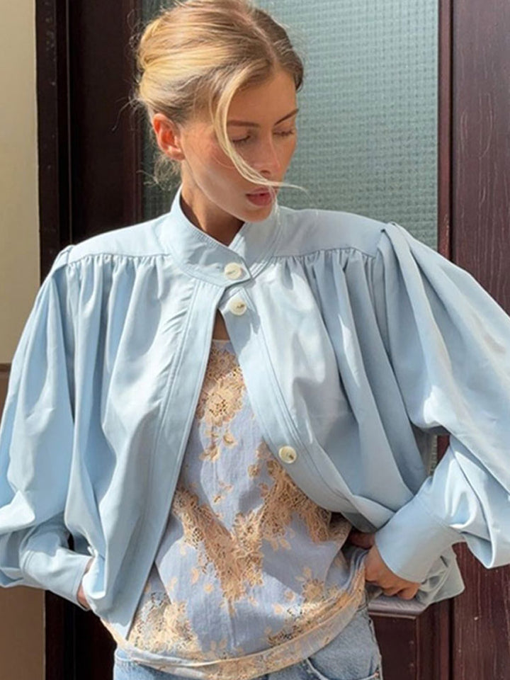 Damer Cropped Bluse med ballonformede ærmer og højhalset krave Stilla