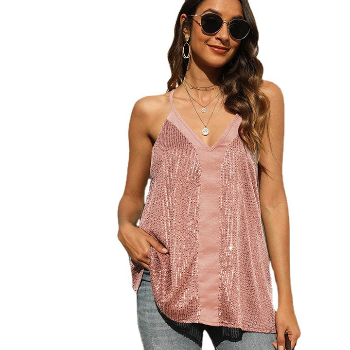 Dame glitrende pailletbluse med V-hals Stilla
