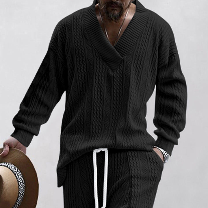 Herren nan Oversize Fletmønster-Longpullover med dyb V-halsudskæring og matchende strikbukser Skovae