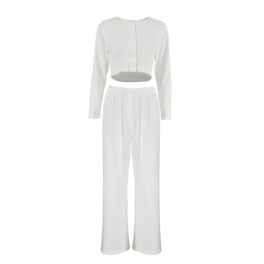 Dame hyggeligt strikket loungewear-sæt med knaplukning og løs pasform Stilla