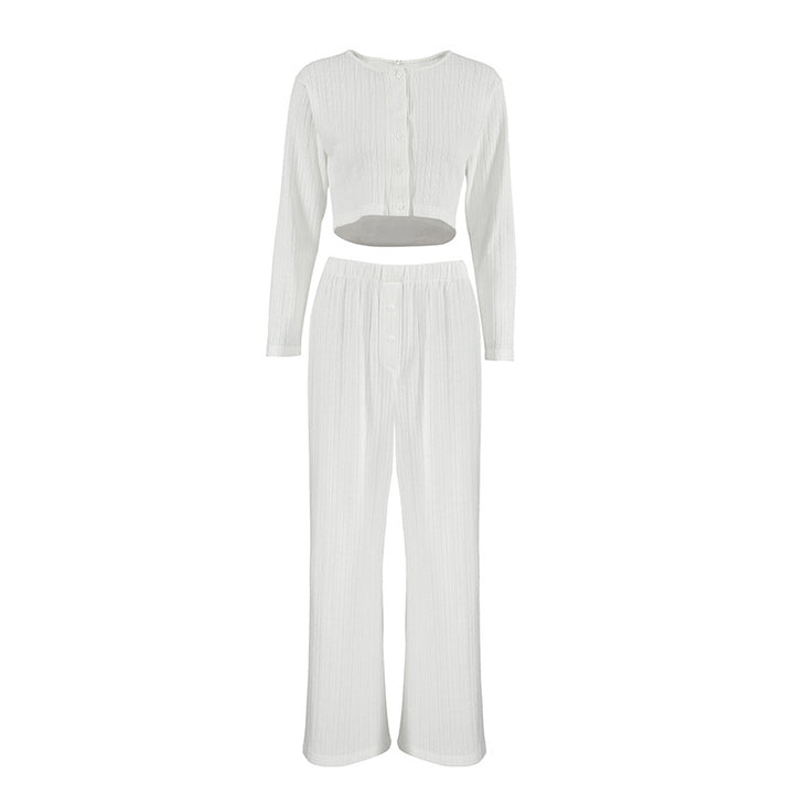 Dame hyggeligt strikket loungewear-sæt med knaplukning og løs pasform Stilla