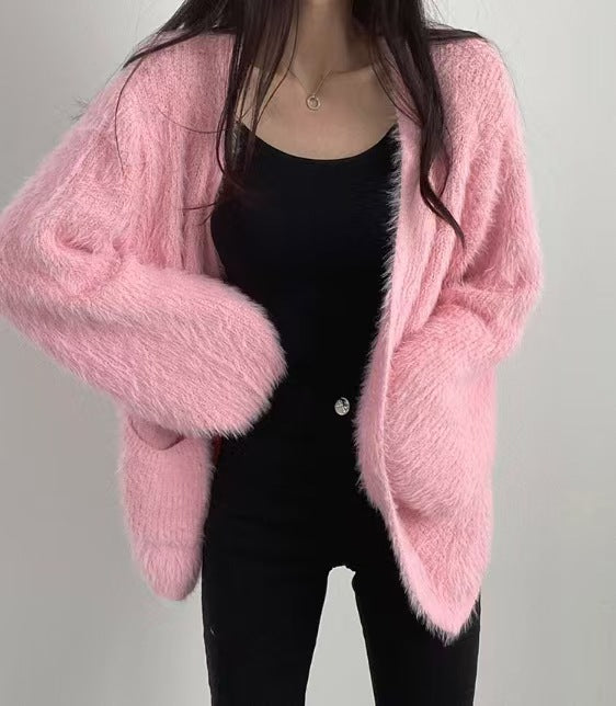 Dame Fluffy Cardigan med Åben Front og Praktiske Lommer Stilla