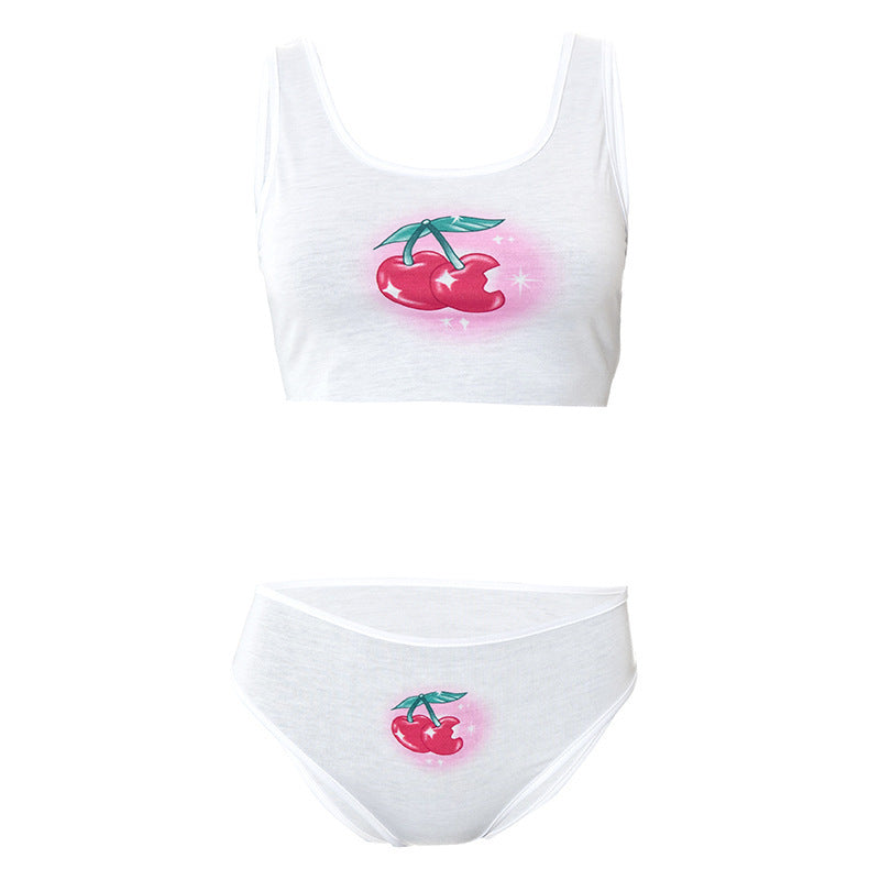 Dame Crop-Top og trusser-sæt med glad kirsebærmotiv Skovae