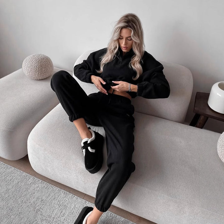 Kvinders fleece sæt med halv lynlås og elastisk talje