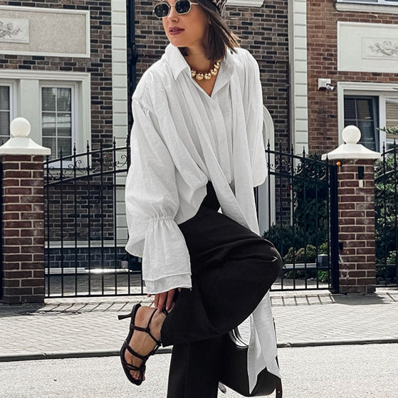 Dame Oversized Bluse med voluminøse ærmer og pænt binde bælte Stilla