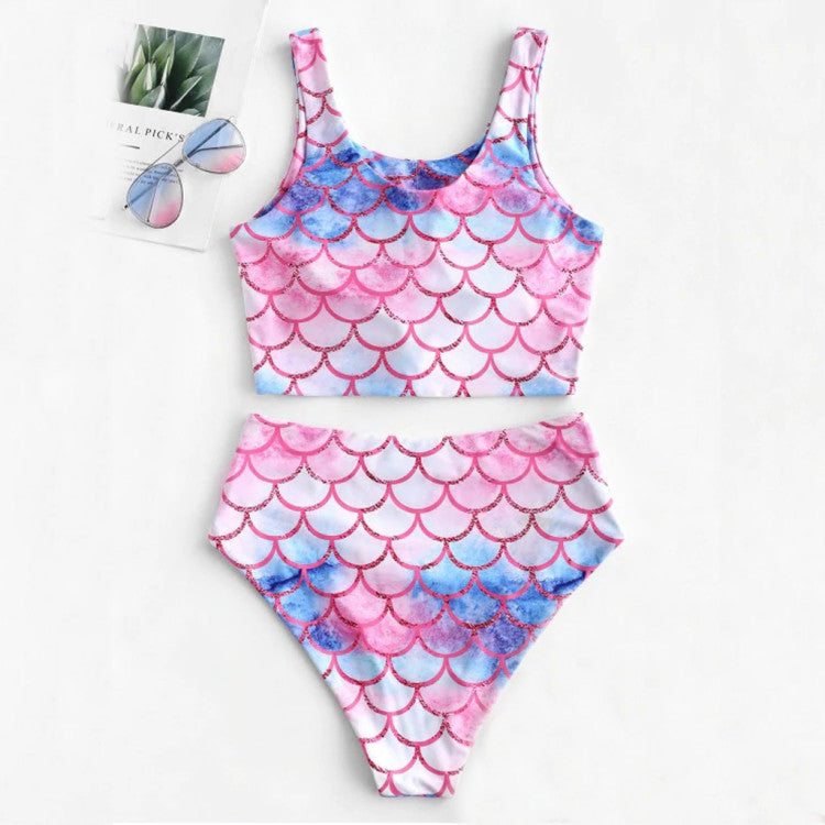 Dame Højtaljet Mermaid Print Bikini Sæt Stilla