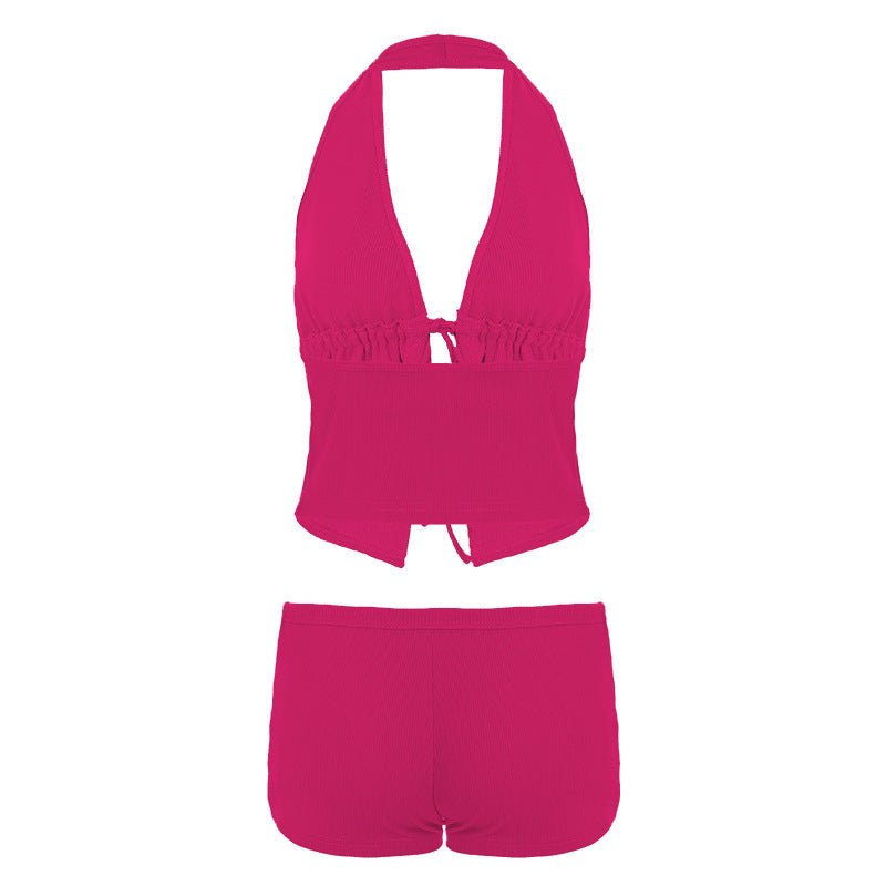 Damen elegantes Halter-Top mit herausragender Raffung und kurzen Shorts Skovae