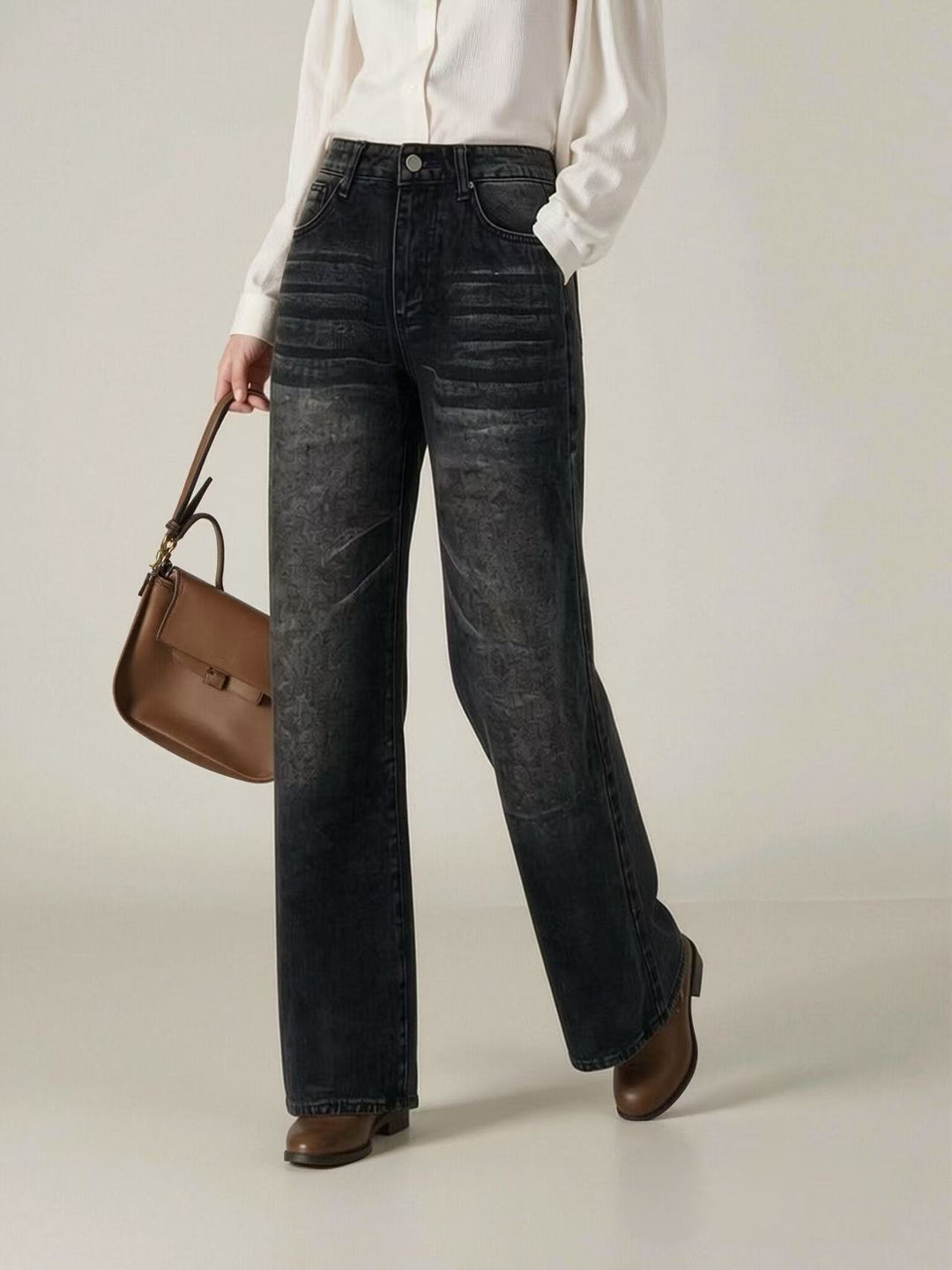 Dame bred High-Waist Jeans med unik tekstur Skovae