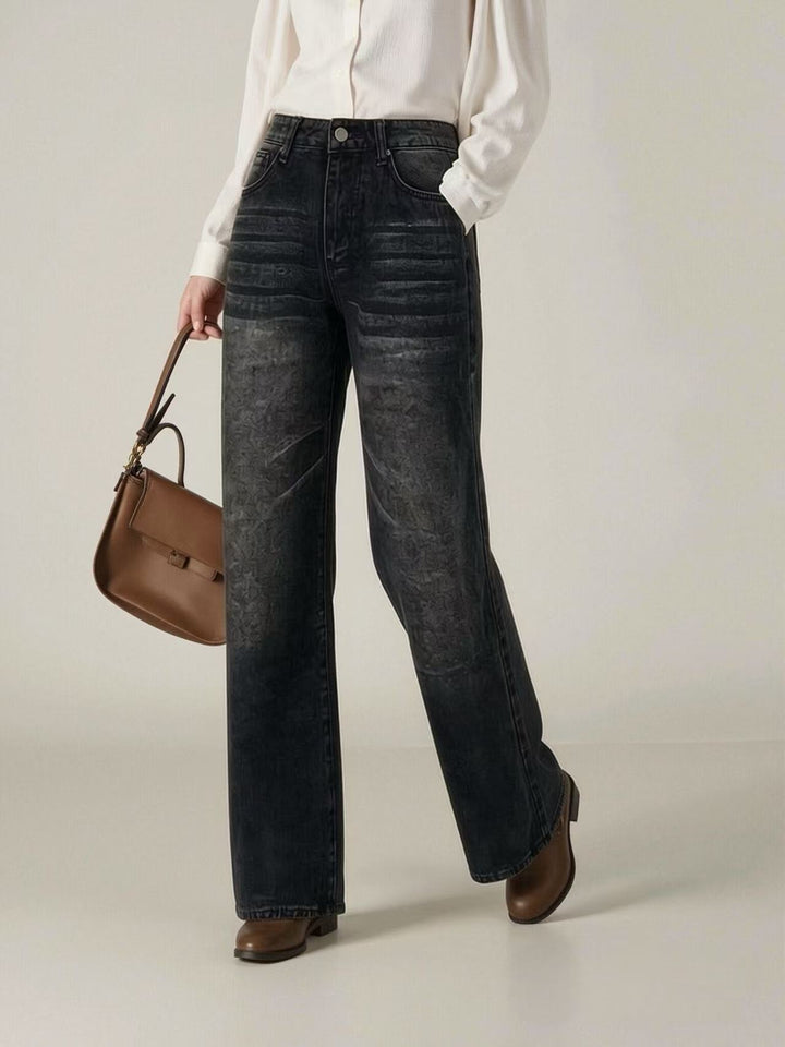 Dame bred High-Waist Jeans med unik tekstur Skovae