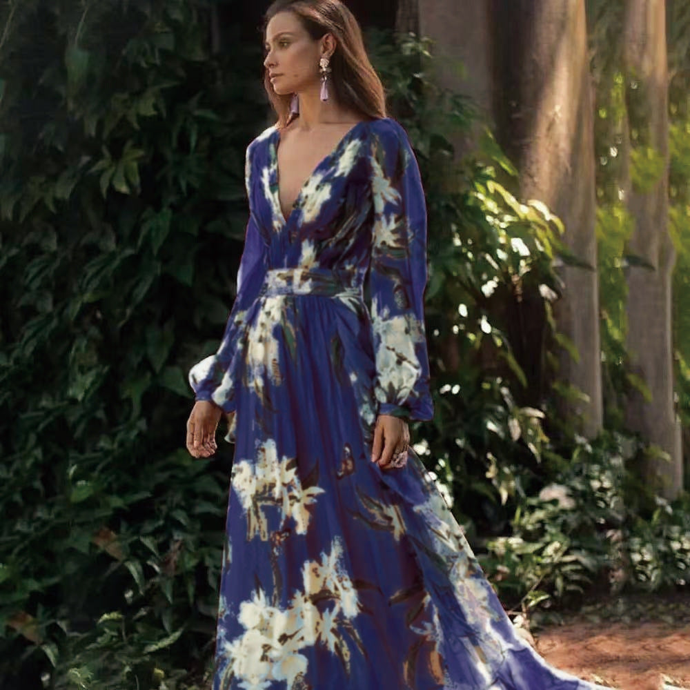 Dame Boho Maxi-Kjole med dyb V-udskæring og elegante puffærmer Stilla
