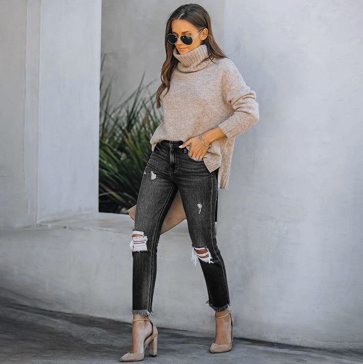 Dame Ripped Skinny Jeans med asymmetrisk kant og distressed-effekter Stilla