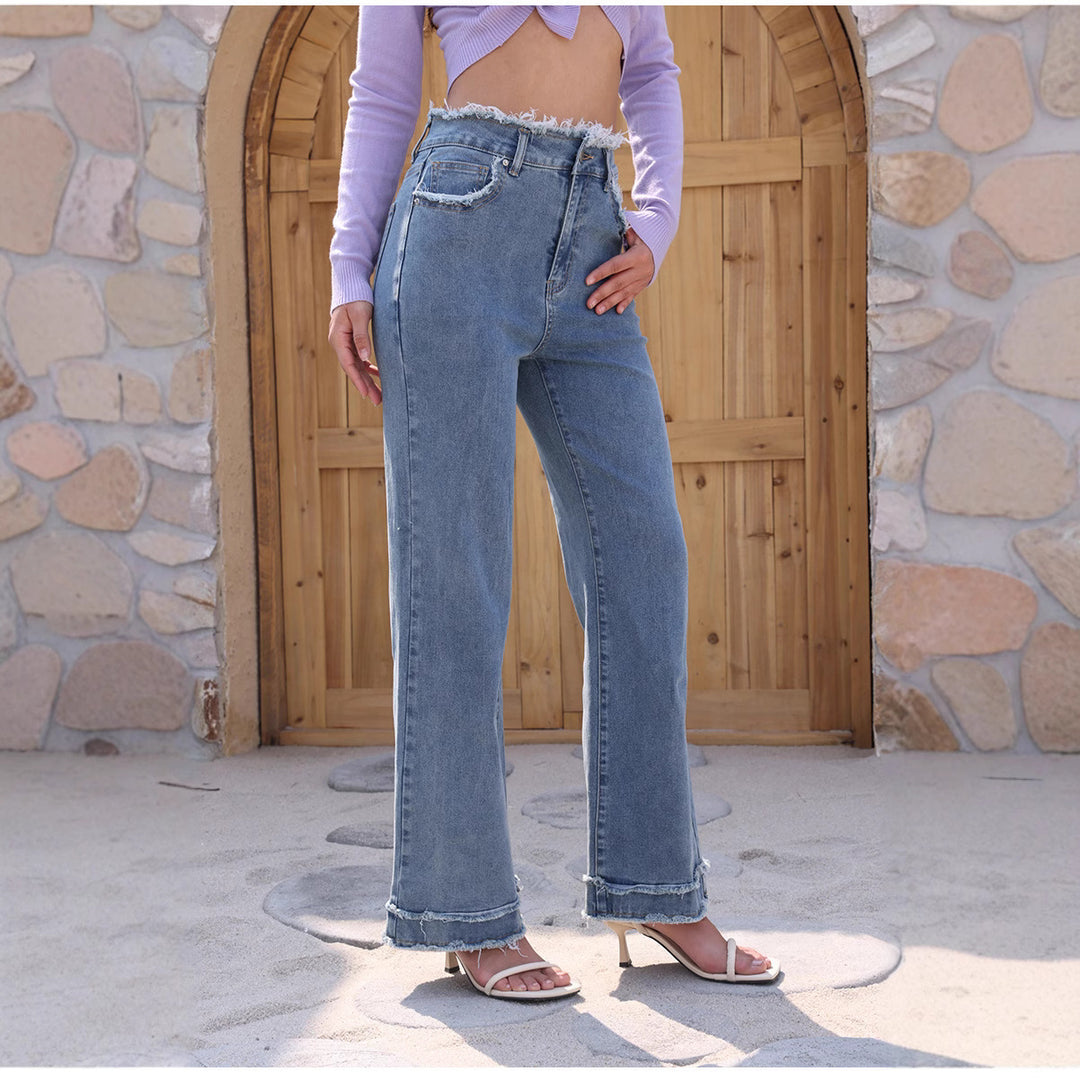 Dame Løst skåret jeans med frynset kant og høj talje Stilla