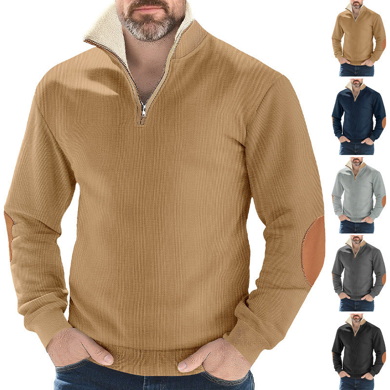 Herrer nan Strukturstrik-halv-zip-pullover med varmende Sherpa-krave og velour-ellenbog-applikation Skovae
