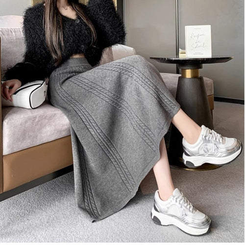 Damer Elegant Midi Nederdel med Kabel Strik Mønster og Bred Snit Stilla