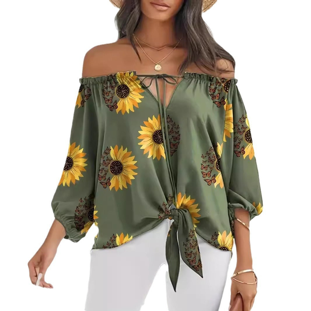 Dame Off-Shoulder Bluse med solsikkemønster og bindebånd Stilla
