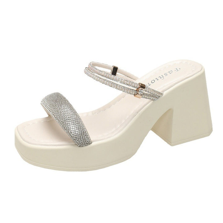 Damer Chunky Hæle Slide Sandaler med Rhinestones Rem-Detalje Stilla