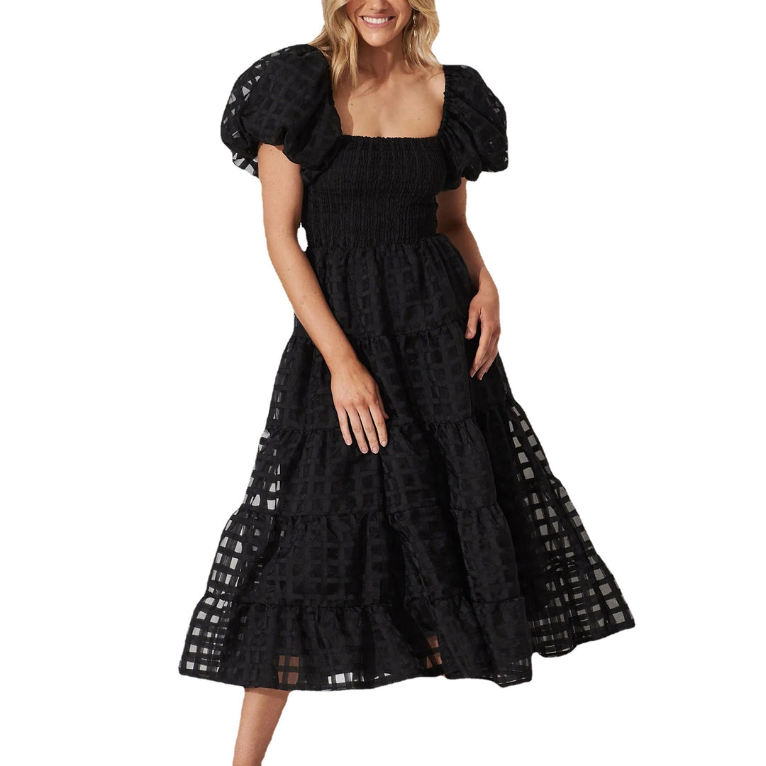 Dame Off-Shoulder Maxi-Kjole med Flæse og Ternet Mønster Stiila