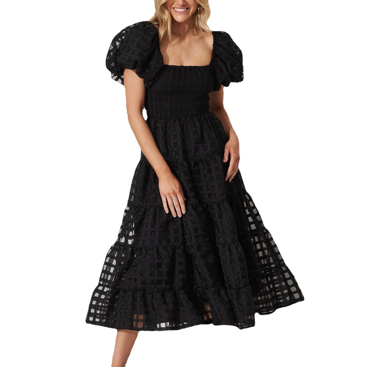 Dame Off-Shoulder Maxi-Kjole med Flæse og Ternet Mønster Stiila