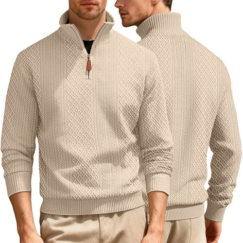 Herren nan finstruktureret halvzip-sweater i jacquard-relief med høj ståkrave og læder-zipper Skovae