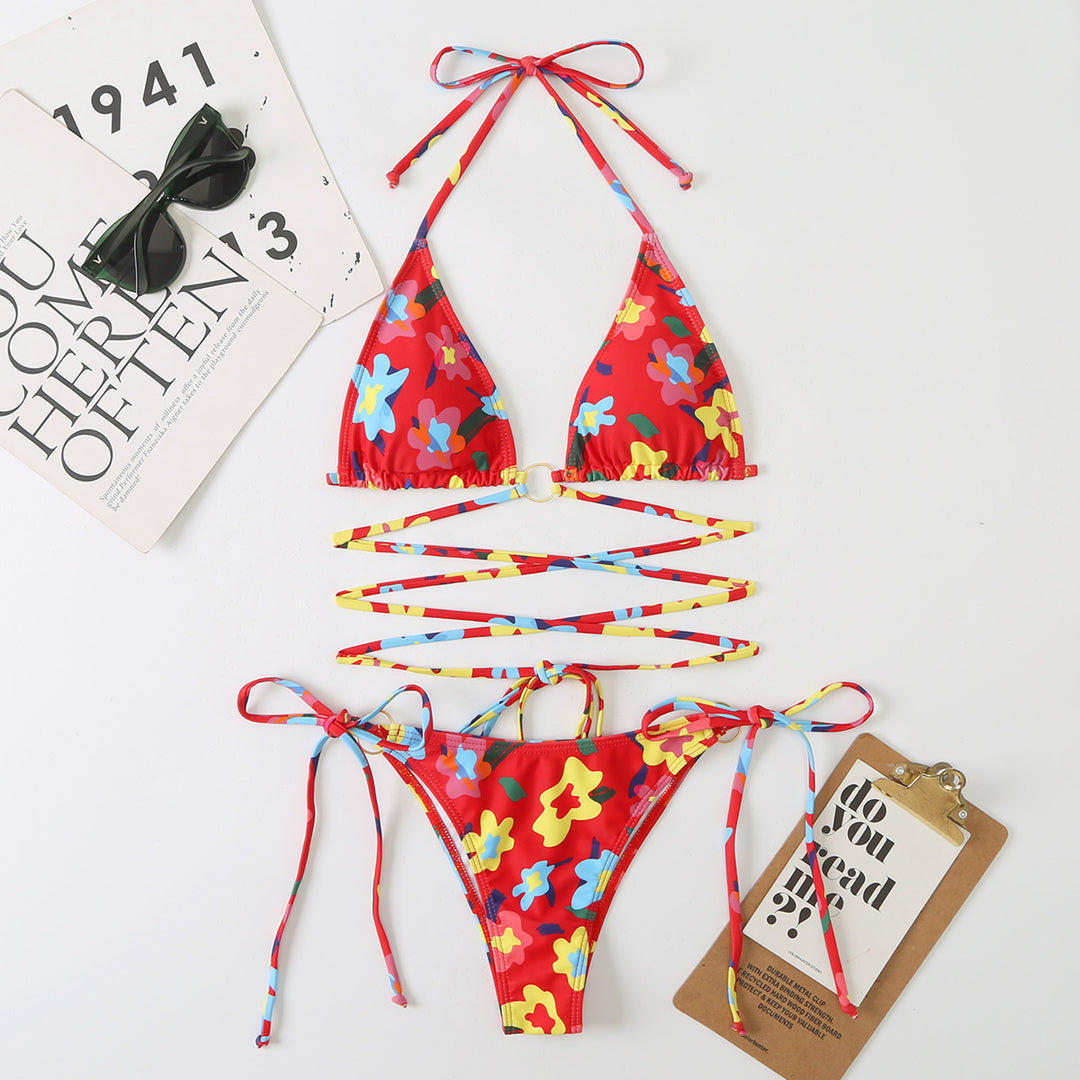 Dame triangel bikini sæt med justerbare stropper og blomsterdesign Skovae