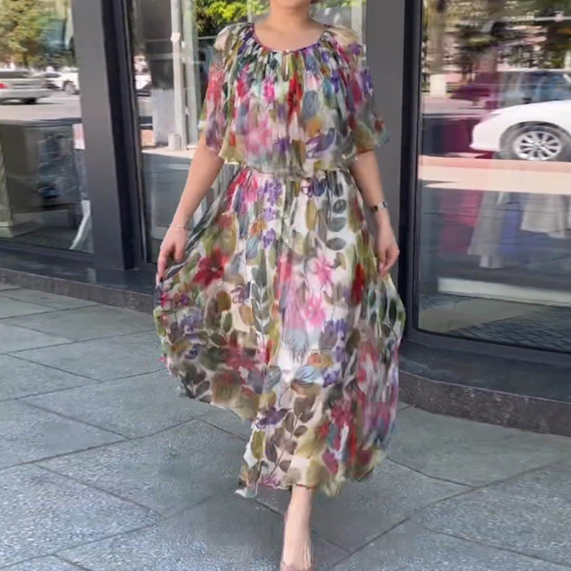 Dame nan luftig chiffon-maxikjole med blomsterprint, draperet rund halsudskæring og elastisk taljebånd Skovae