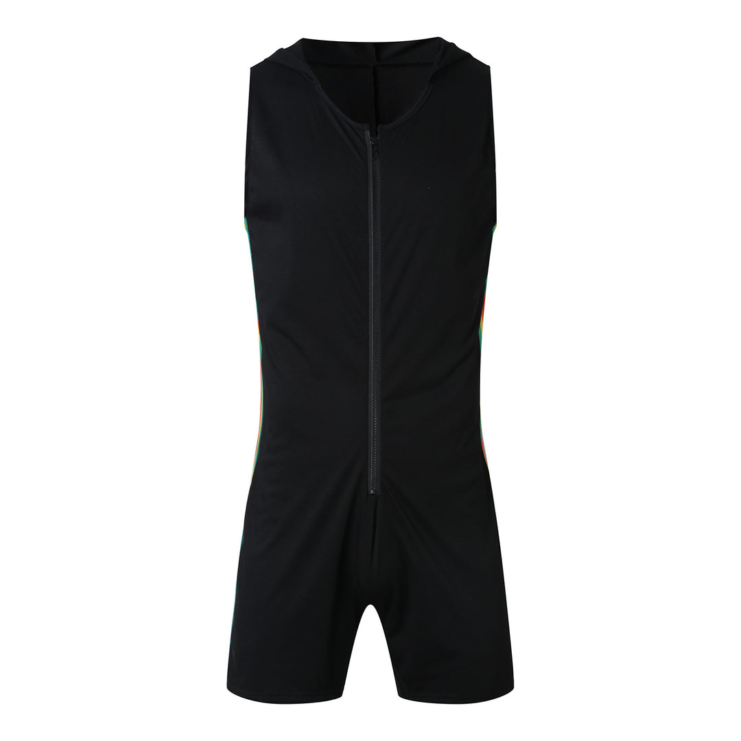 Herren nan ærmeløs hættetrøje shorts jumpsuit med gennemgående lynlås og ergonomisk skridtløsning Skovae