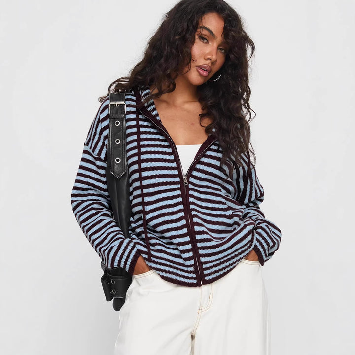 Dame cardigan i stribet design med kvalitets lynlås og casual fit