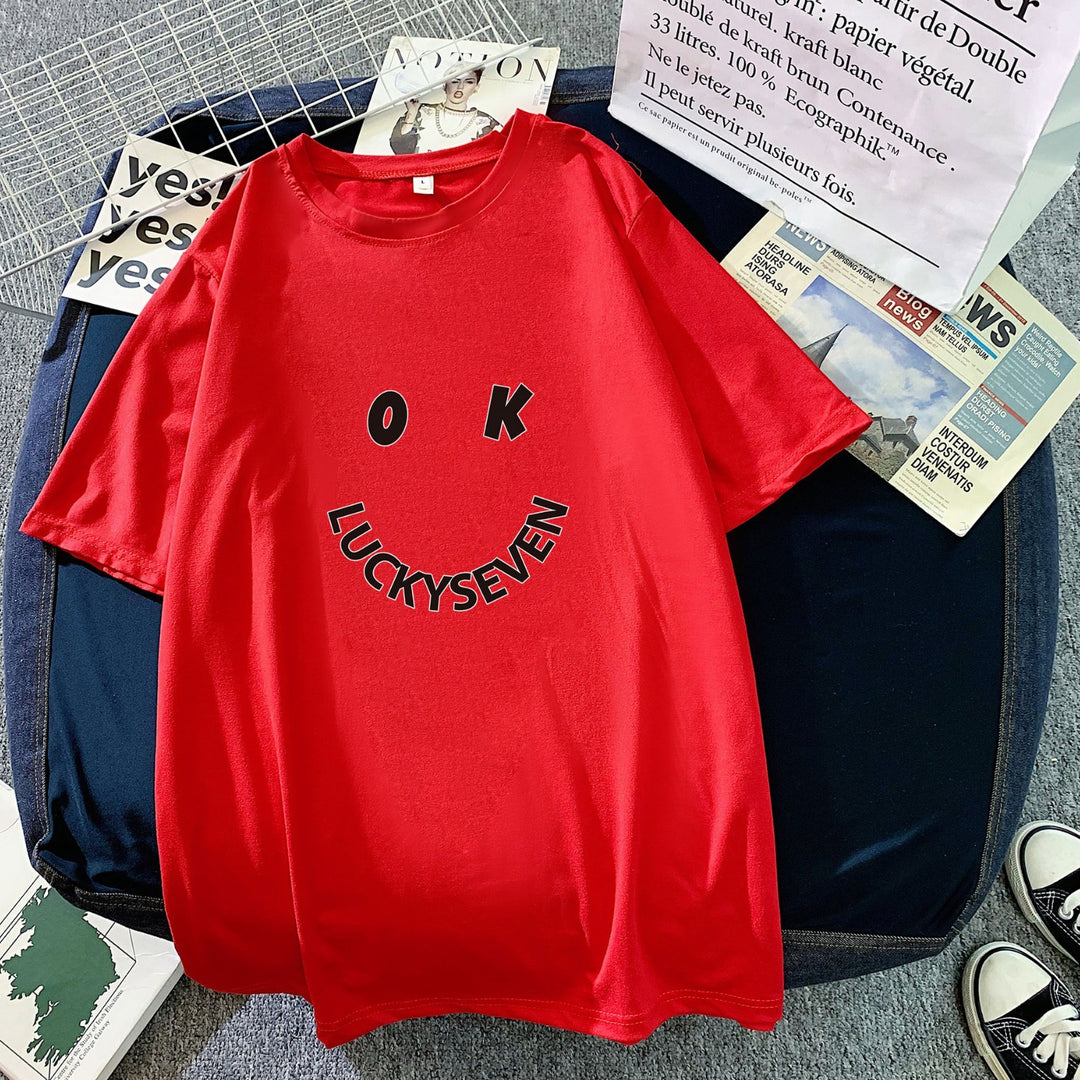 Kvindernes fashionabel t-shirt med afslappet smiley-tryk og høj kvalitet bomulds kvalitet Skovae