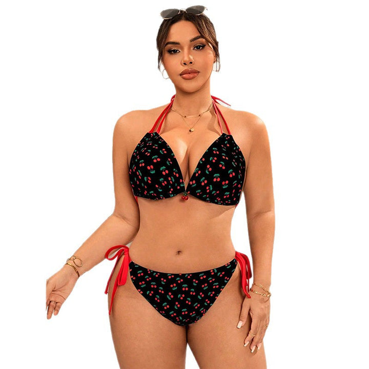 Dame triangel-bikini med justerbare bånd og glad kirsebærmønster Skovae