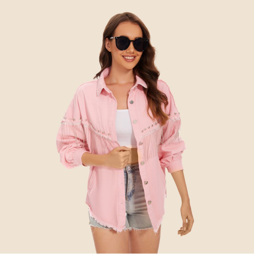 Dame Jeans skjortejakke med innovativt fransedesign og detaljeret perleudsmykning Stilla