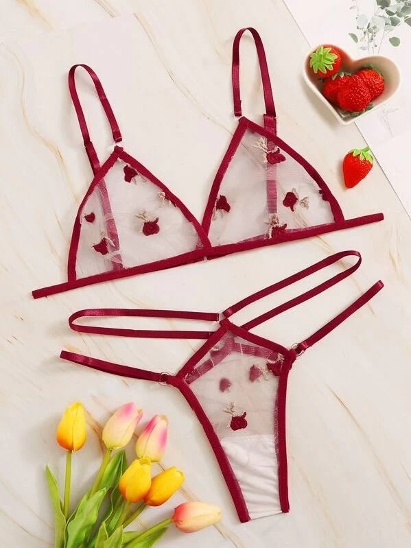 Dame Blomsterbroderi Mesh Bralette og String Sæt Stilla