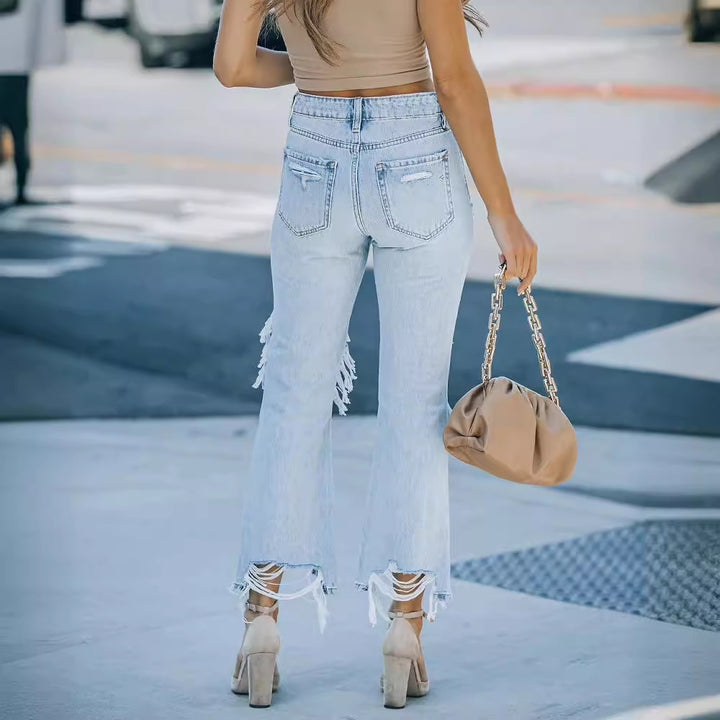 Dame revnede mom jeans med frynset kanter Stilla