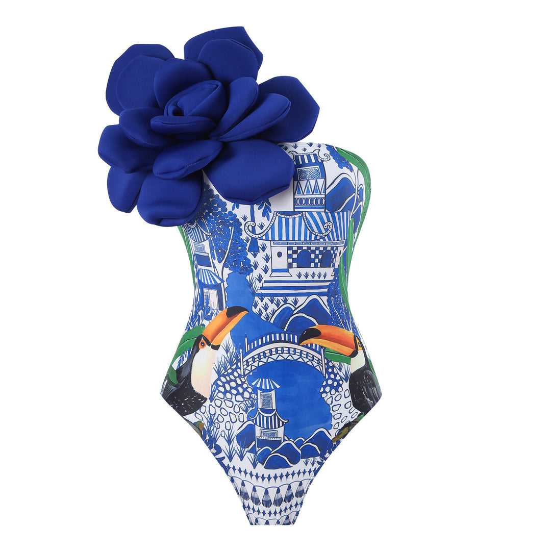 Dame Elegant badedragt med stort blomsterdetalje og gennemsigtig overkjole Skovae