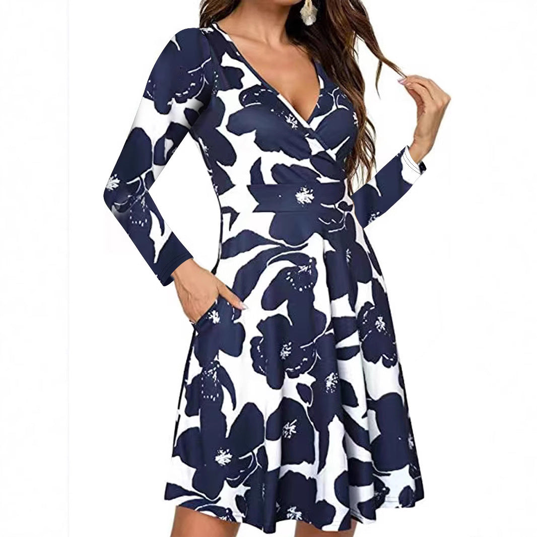 Femme Elegante Wrap kjole med lange ærmer og blomsterprint Stilla