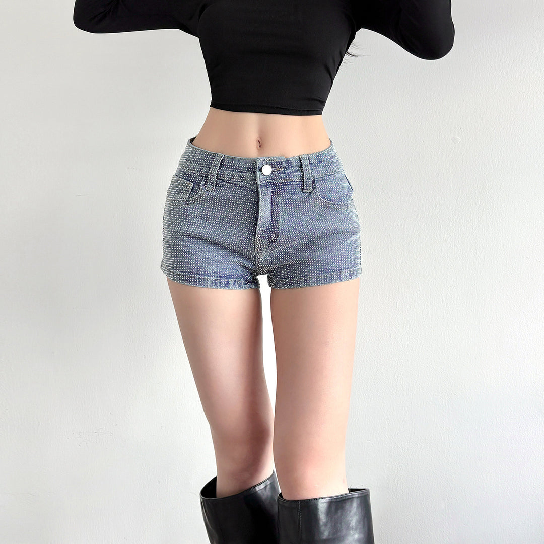 Dame Glitrende Denim-Shorts med glitrende accenter Skovae