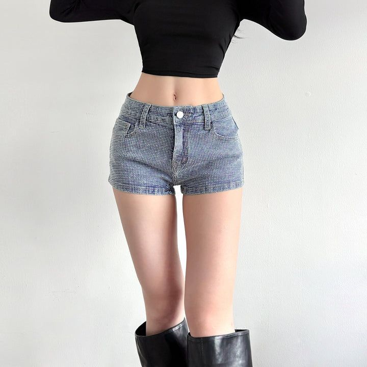 Dame Glitrende Denim-Shorts med glitrende accenter Skovae