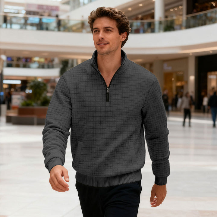 Herrer nan quilted halvzip sweater med kvadratisk vaffelstruktur og kængurulomme Skovae
