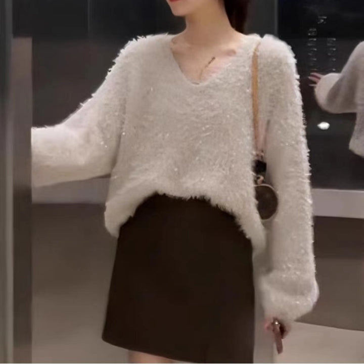 Dame hyggelig V-hals sweater med glitrende tråd Stilla