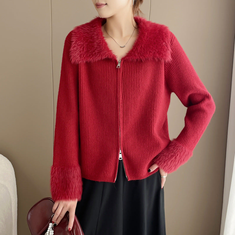 Kvinders cardigan med luksuriøs faux fur krave og ribbet tekstur Stilla