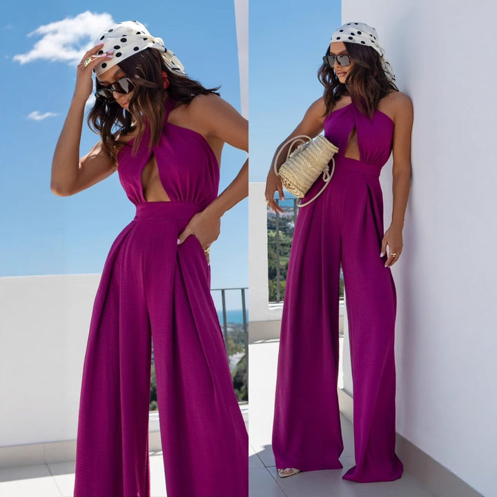Dame elegant jumpsuit med åben ryg og voluminøse bukseben Stilla