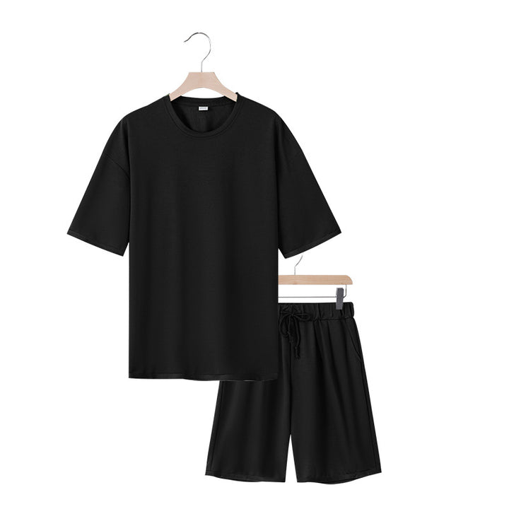 Herrer afslappet jersey-sæt med forlænget rundhalset T-shirt og elastiske snoretræk-shorts Skovae